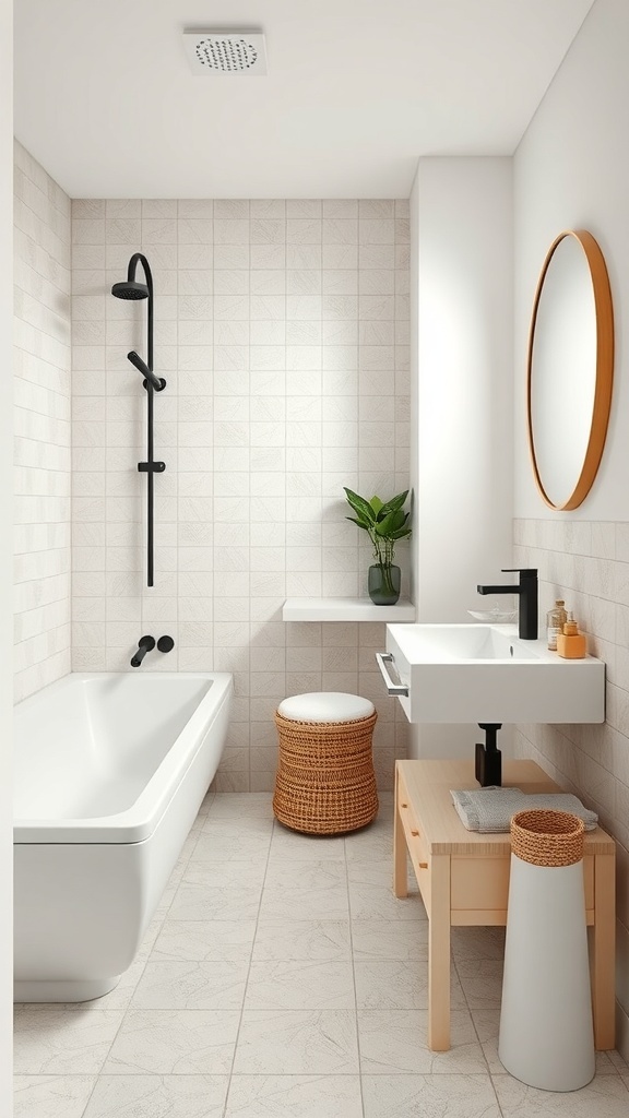 A minimalist small bathroom featuring light-colored tiles, a bathtub, and natural decor elements.