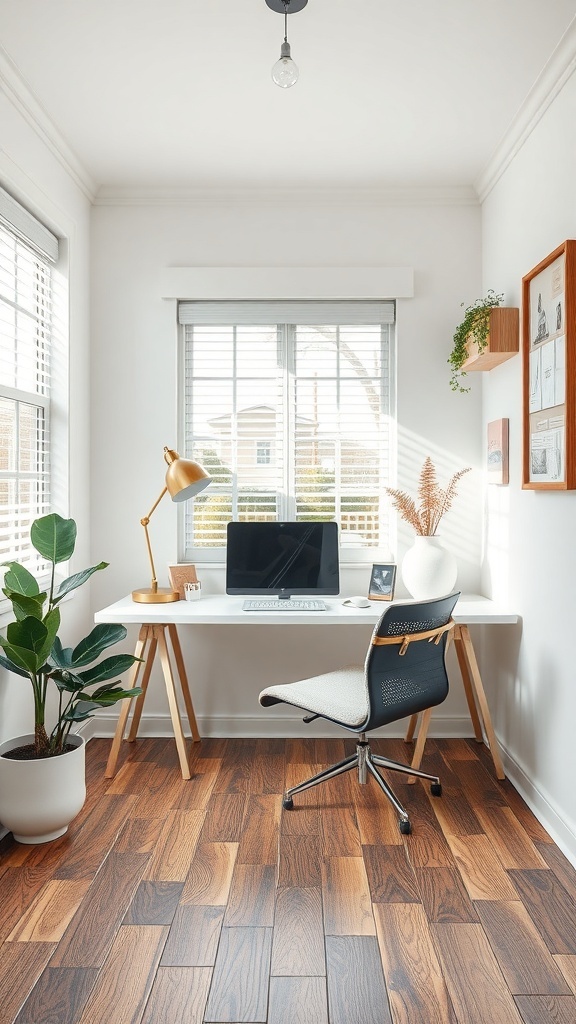 A small home office with a desk, chair, and plants, featuring warm wood flooring.
