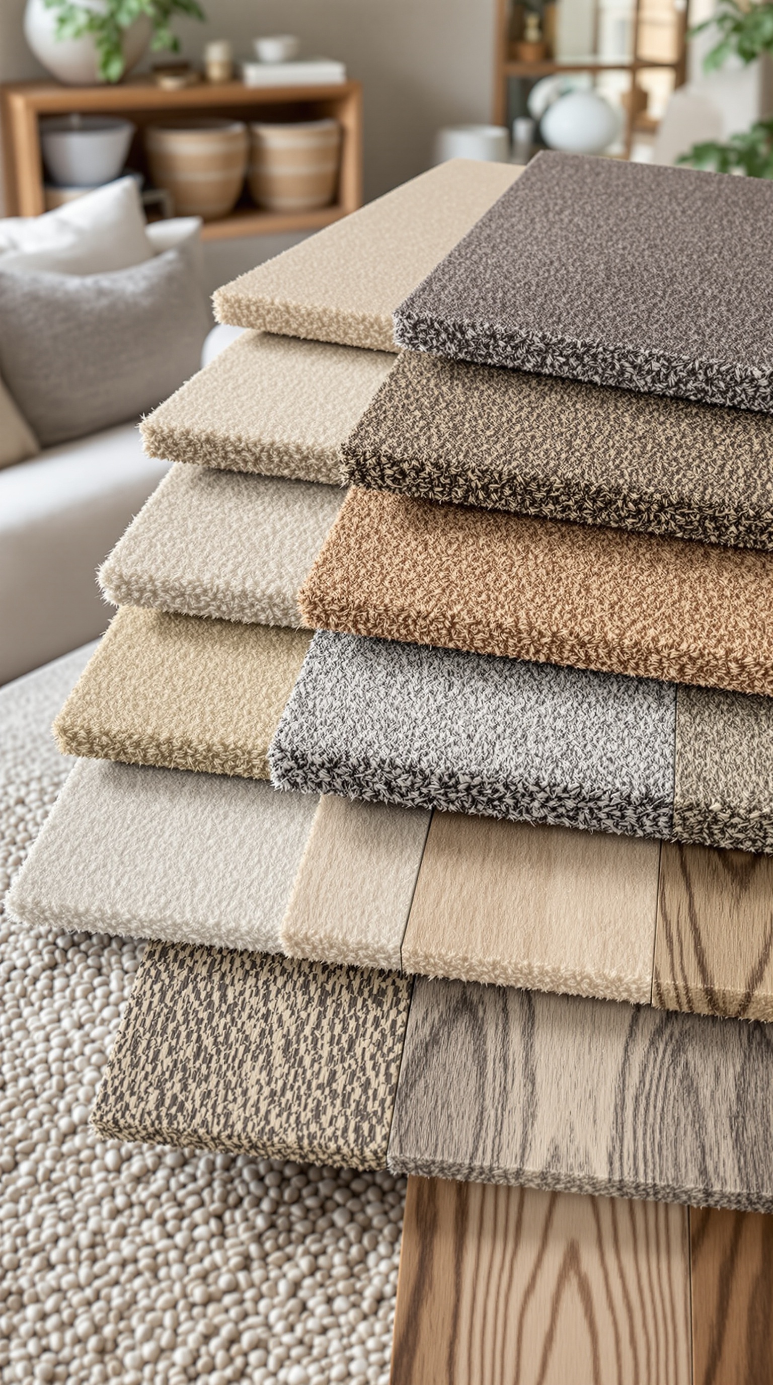 A variety of flooring samples including carpet and wood textures, displayed on a table.