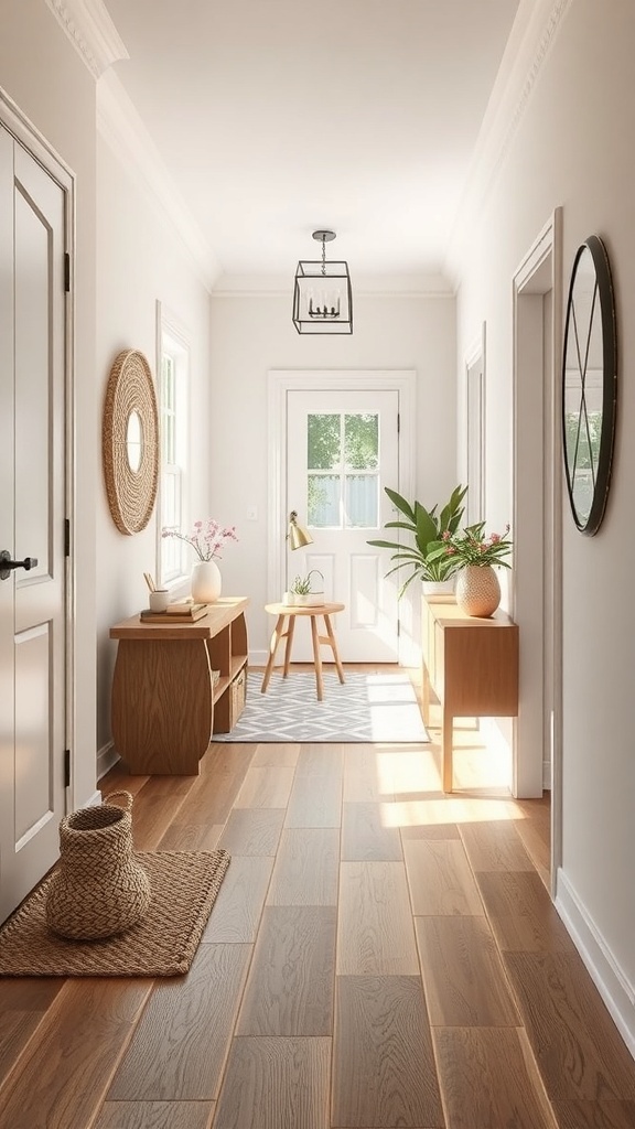 A bright hallway with wooden flooring, featuring a small table, plants, and natural light.