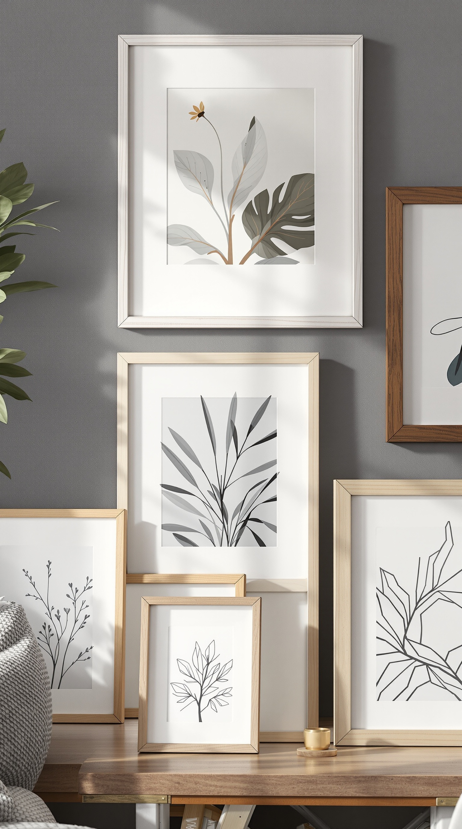 A collection of framed botanical prints in various styles and sizes on a wall.
