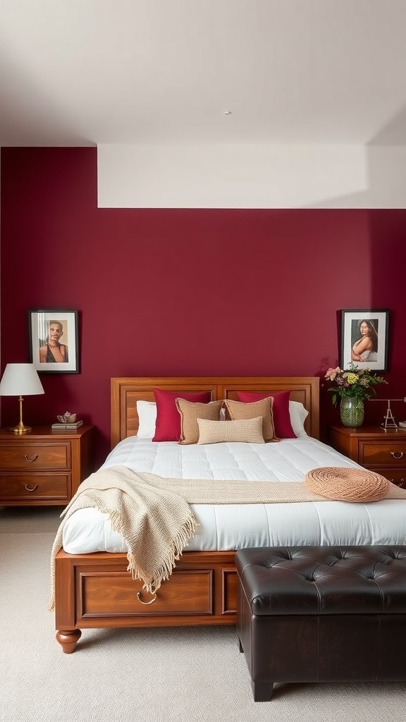 A maroon bedroom featuring a wooden bed frame, white bedding, and decorative accents.