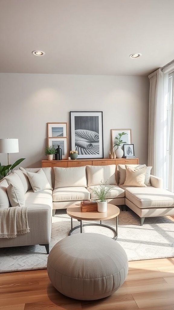 Cozy living room with sectional sofa, round coffee table, and natural light