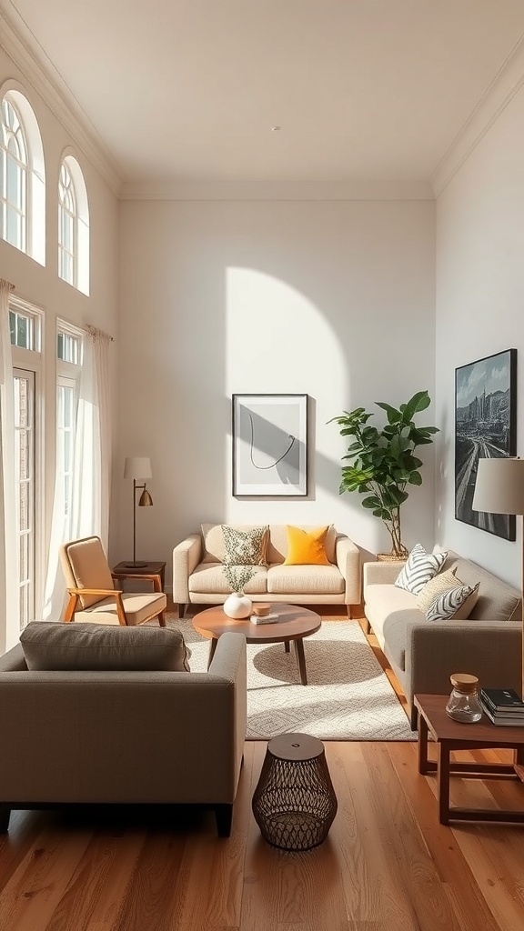 A narrow living room featuring light-colored sofas, a round coffee table, and large windows, creating an inviting atmosphere.