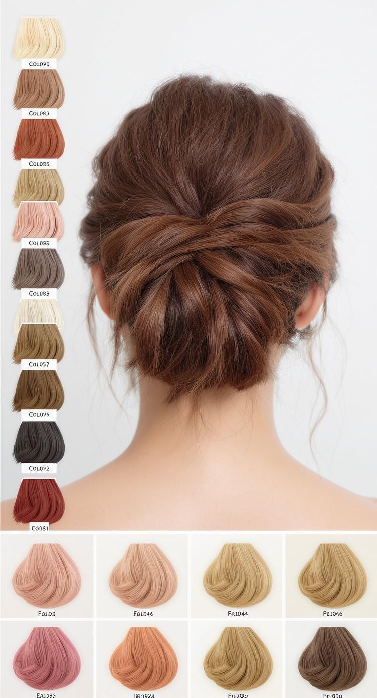 A selection of hair colors next to a messy bun hairstyle, showcasing various shades for bridesmaids.