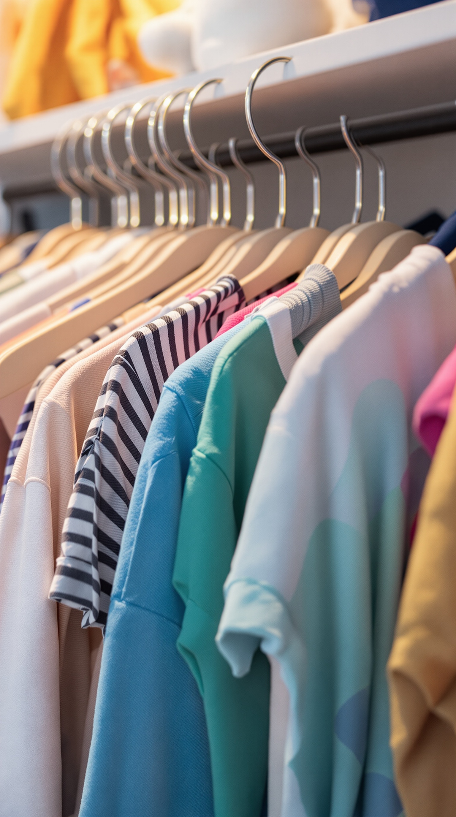 Colorful baby clothes hanging neatly on hangers in a closet