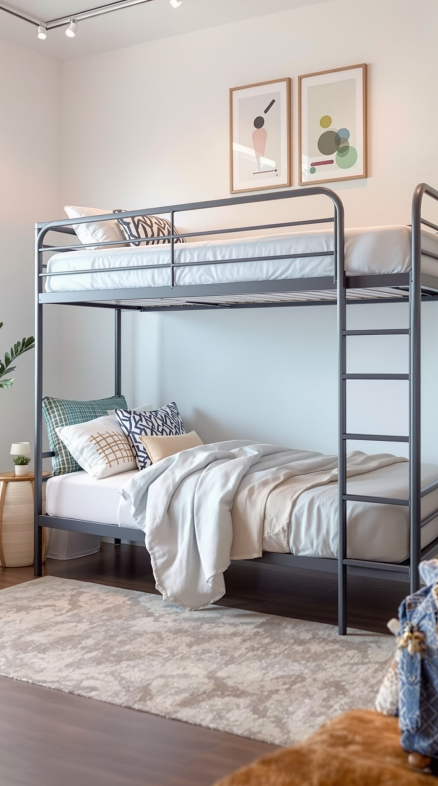 A modern bunk bed with a sleek design, featuring cozy bedding and a stylish setup.