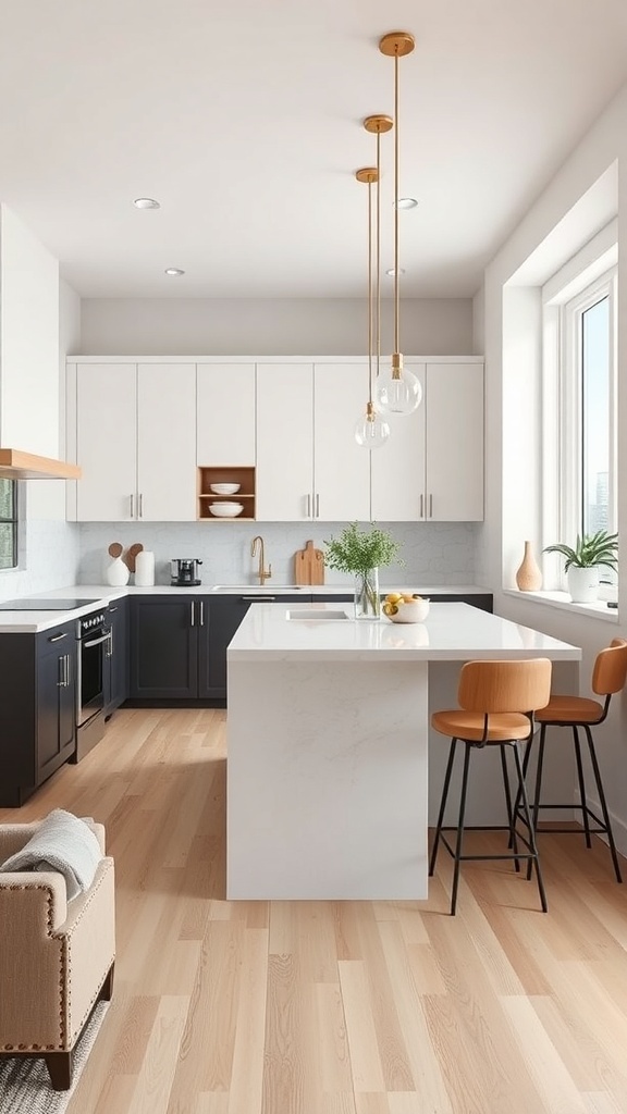Modern narrow kitchen with a white island, bar stools, and natural light.