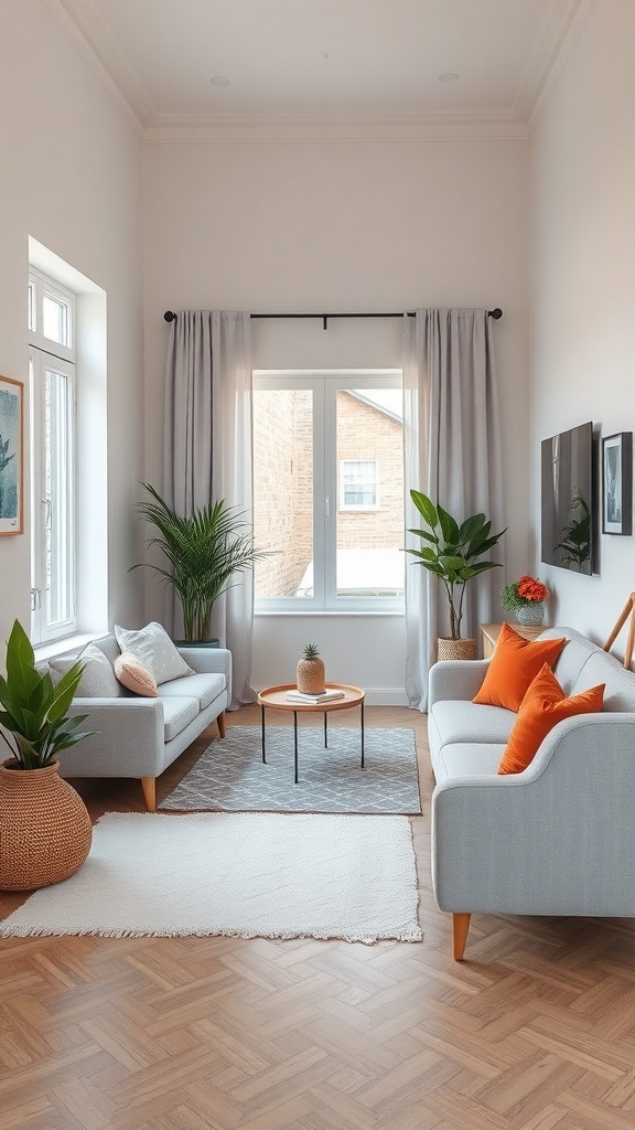 A narrow living room with two light sofas, plants, and a round coffee table.