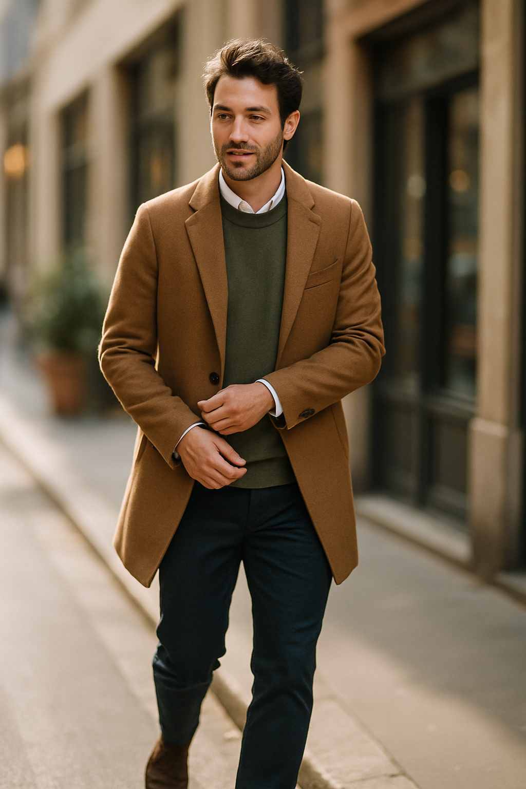 A man walking in a stylish outfit, showcasing the importance of suit shoes.