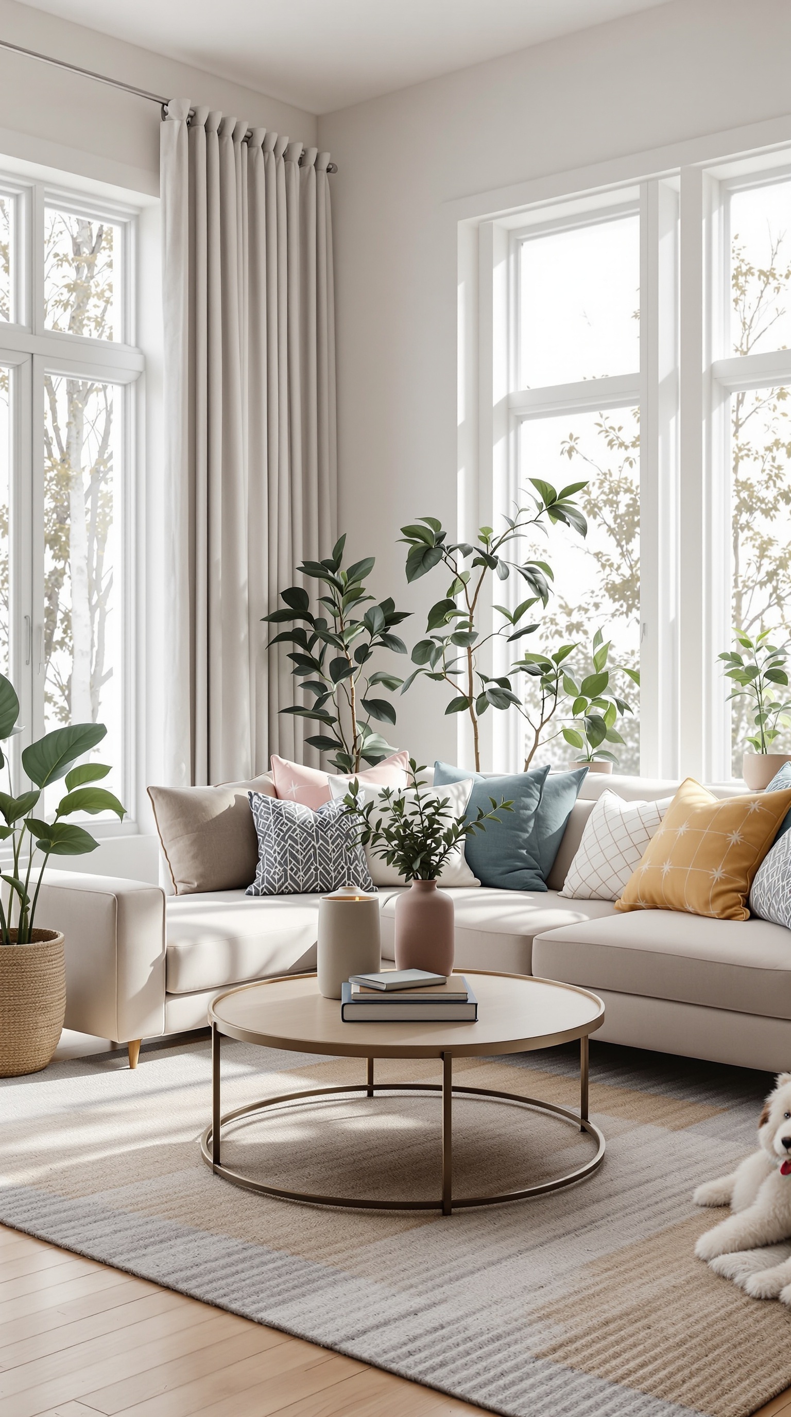 A bright and cozy family room with large windows, plants, and a modern sofa.