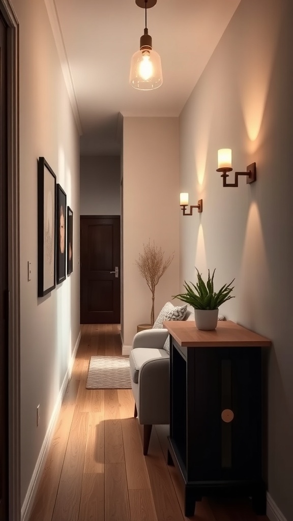 A narrow hallway with a pendant light and wall sconces, featuring wooden flooring and a small console table.