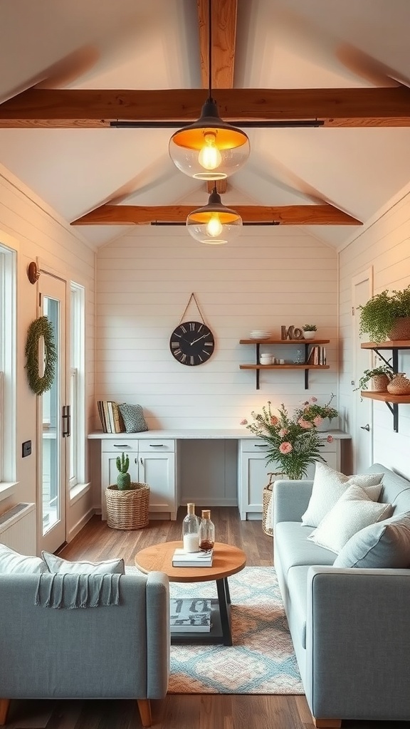 A cozy tiny house living area with pendant lights, wooden beams, and a stylish decor.