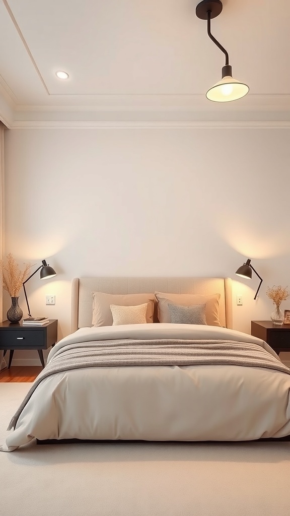 A neutral bedroom featuring a cozy bed with soft bedding, two bedside lamps, and a ceiling light, creating a warm atmosphere.