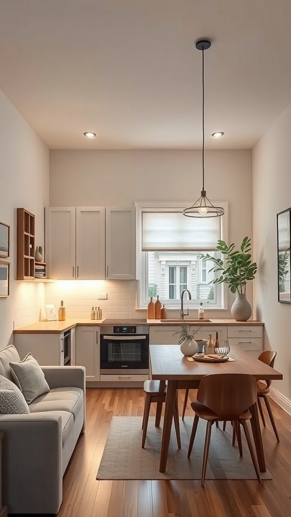 Cozy small kitchen with stylish lighting fixtures and modern decor