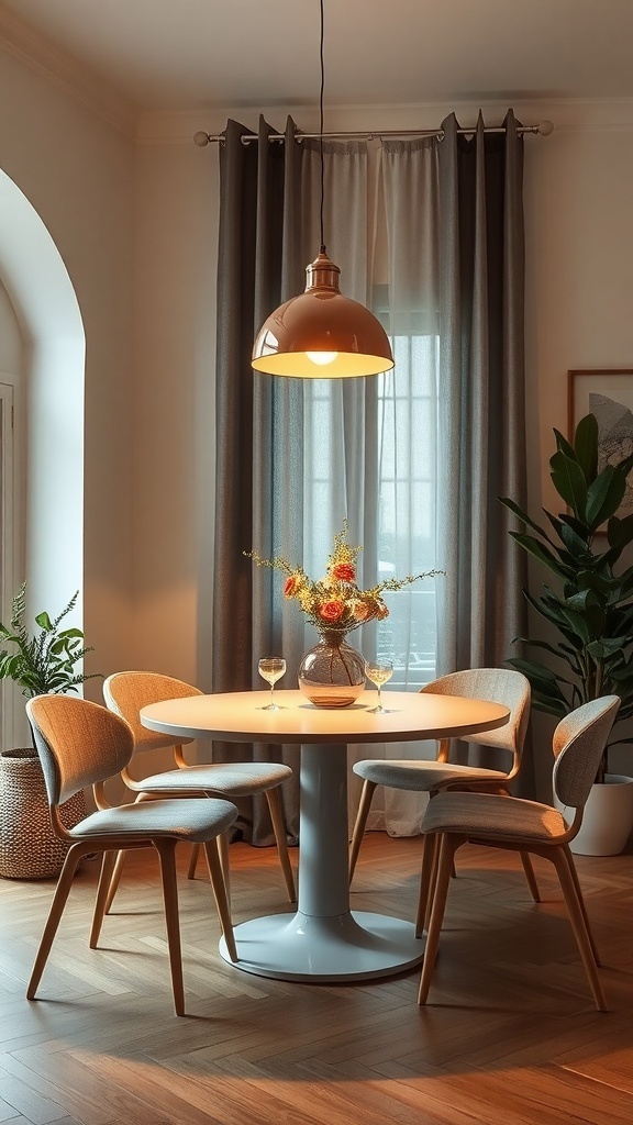 A small dining area featuring a round table with four chairs, a pendant light above, and a floral centerpiece.