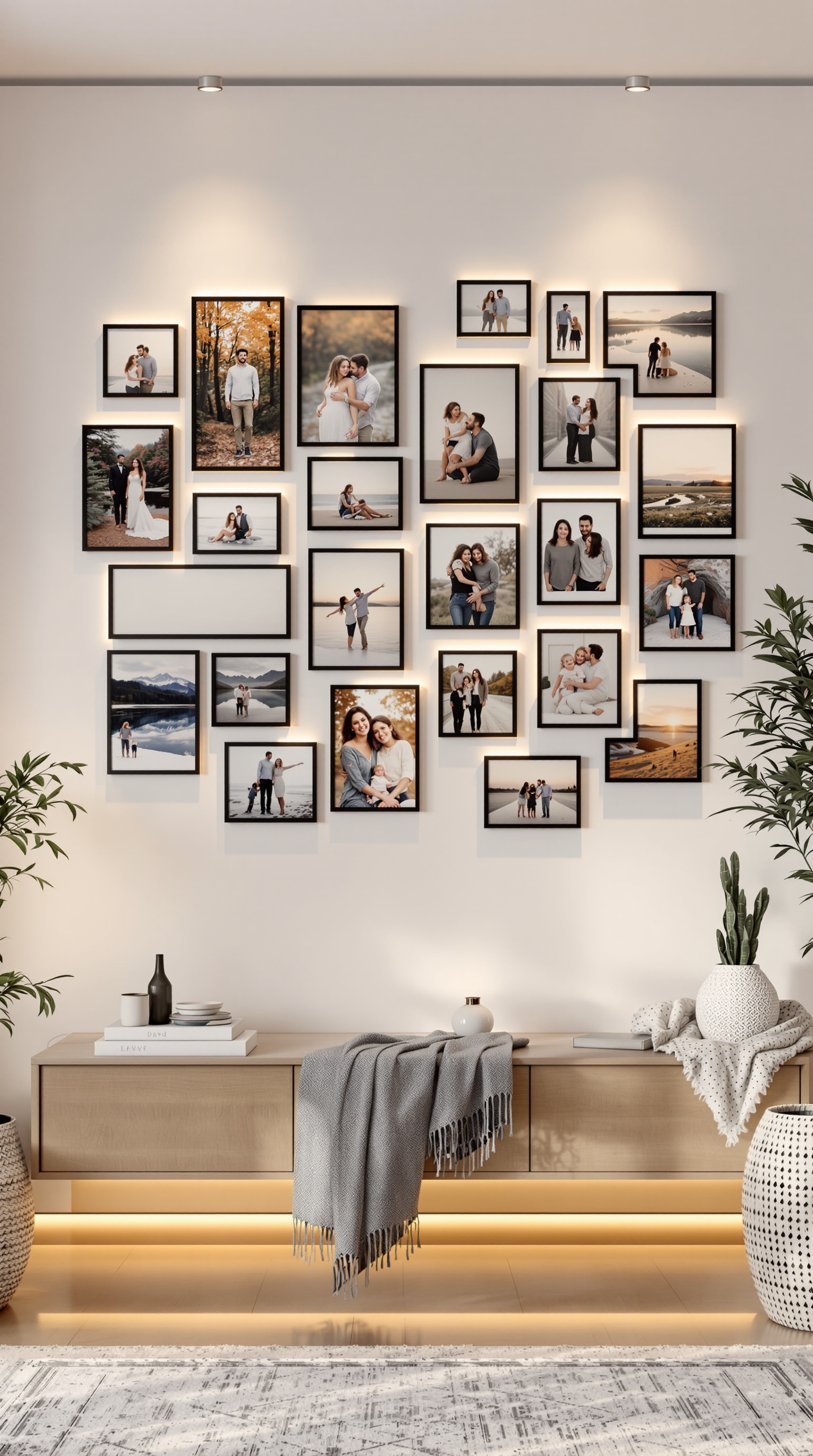 A family photo wall with various framed pictures illuminated by soft lighting.