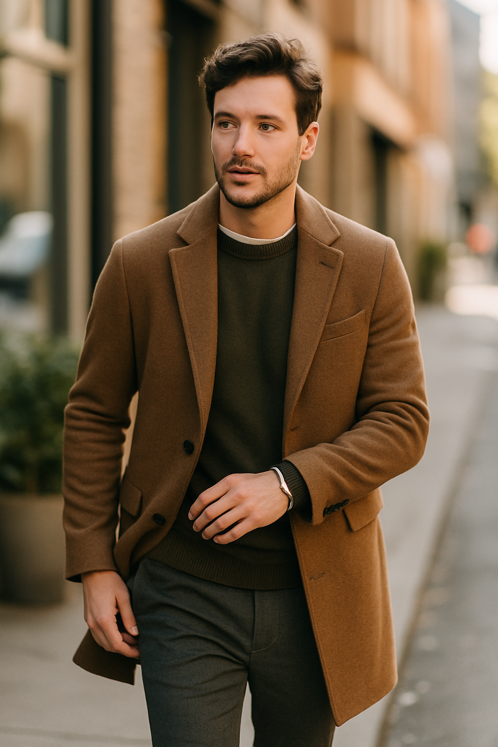 A man in a stylish brown coat and gray pants walking down a city street.