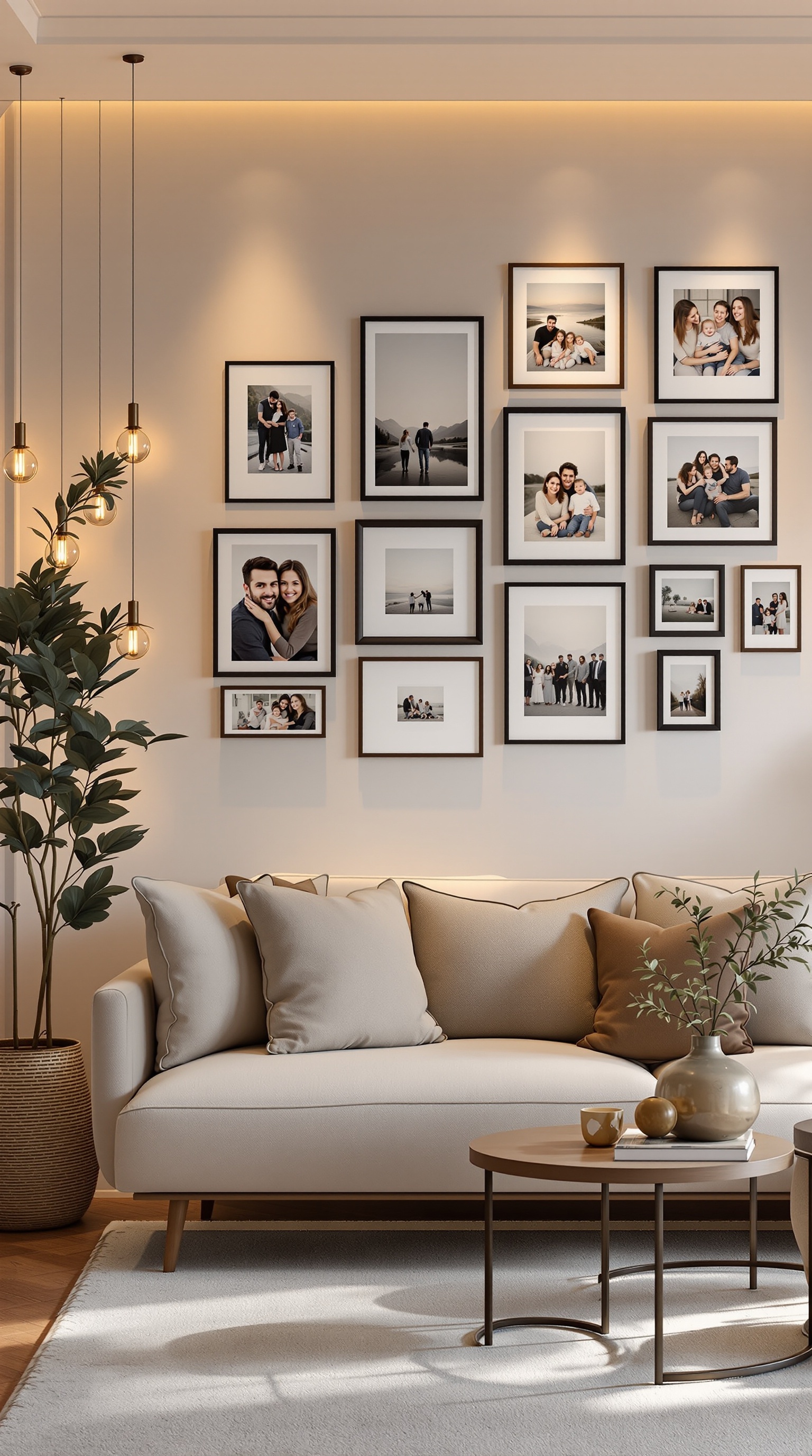 A cozy living room with a family photo wall above a beige couch, featuring various framed family photos.