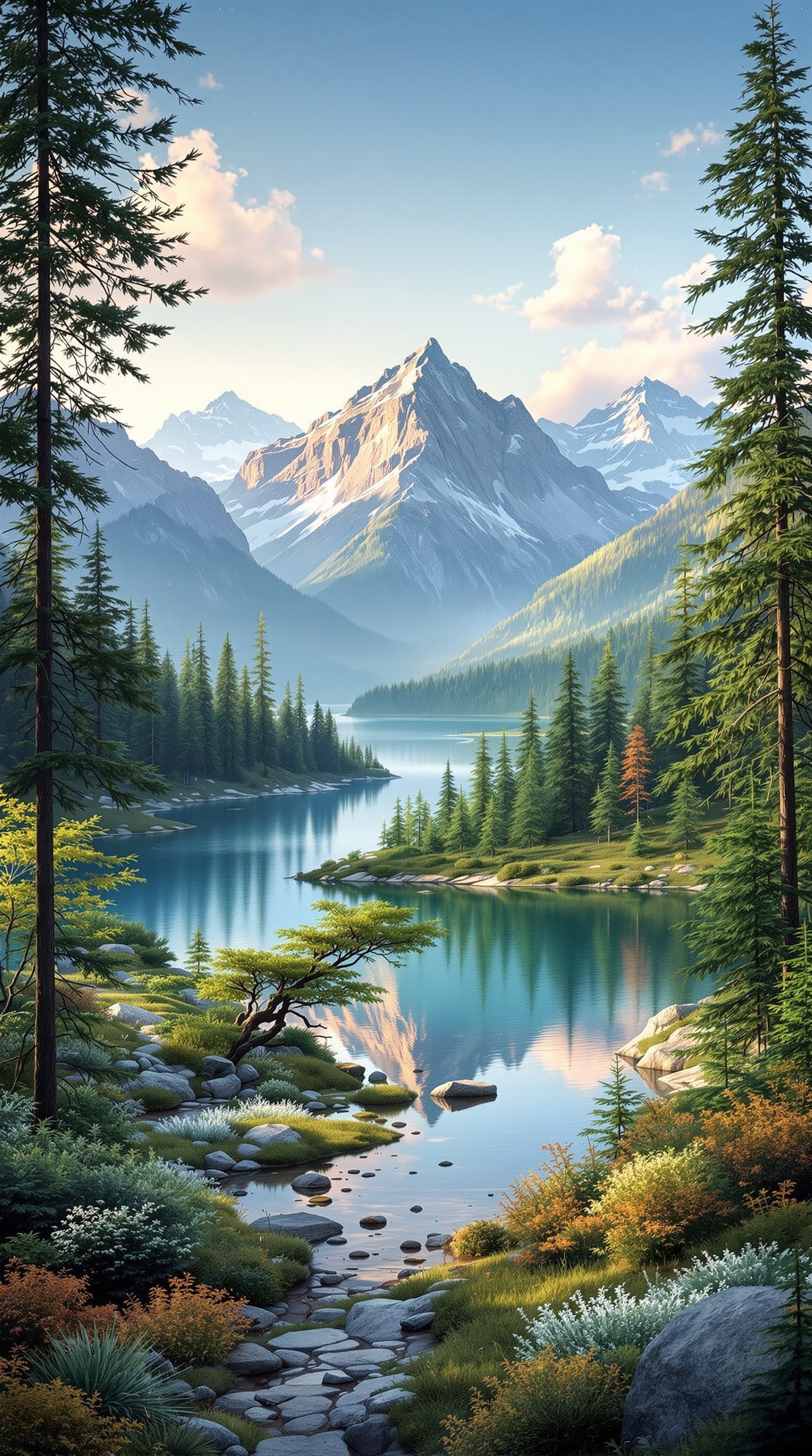 A serene landscape featuring mountains, a calm lake, and lush greenery.