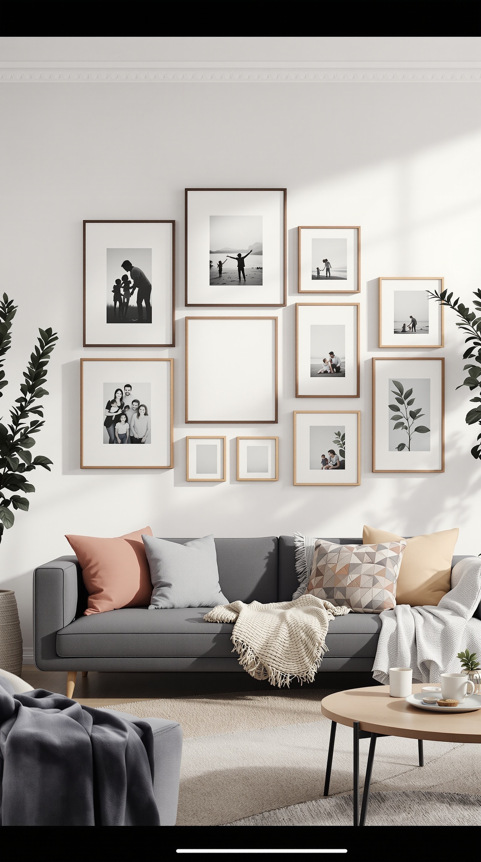 A stylish gallery wall featuring black-and-white family photos in a cozy living room setting.