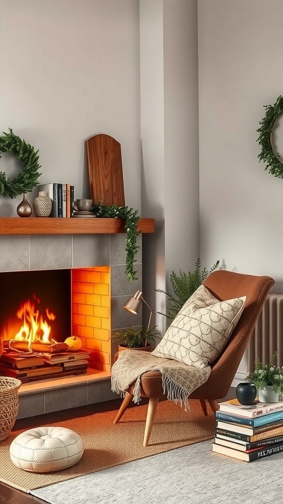 A cozy reading nook featuring a comfortable chair, a fireplace, and books on a shelf.
