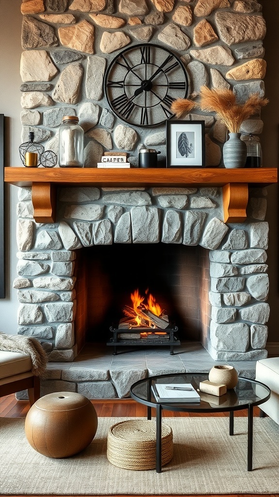 A rustic stone fireplace with a wooden mantel, clock, and decorative items.
