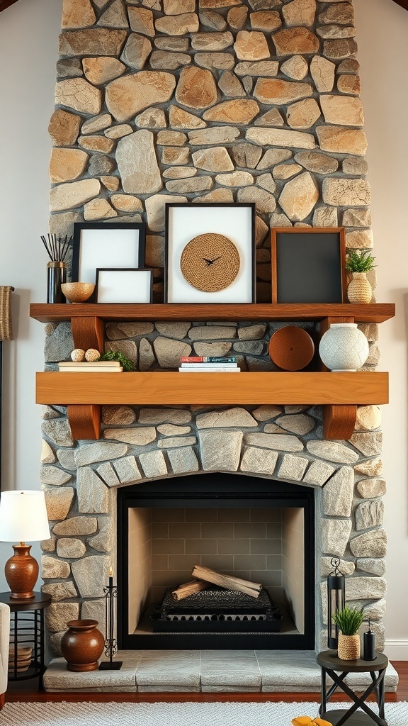 A rustic stone fireplace with a wooden mantel, decorated with various items.