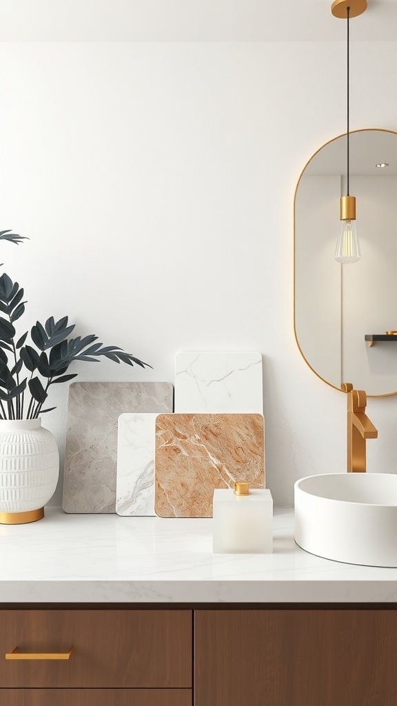 Selection of marble samples in various shades on a bathroom countertop