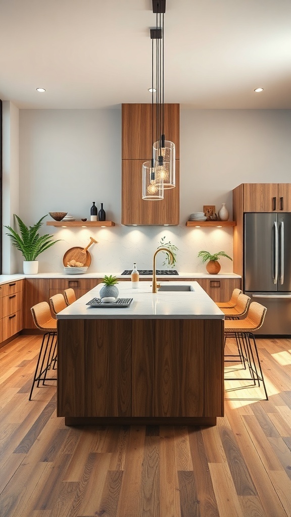 A narrow kitchen island with a wooden base and a white stone countertop, surrounded by stylish seating and modern decor.