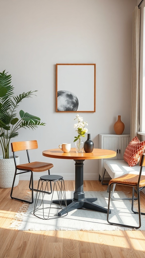 A small dining table with wooden top and metal base, surrounded by chairs and decorative elements.
