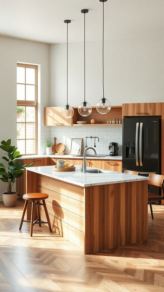 A modern small kitchen island with a marble top and wooden cabinetry, featuring pendant lights above.