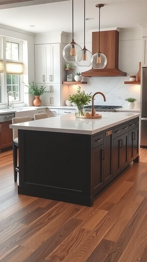 A modern galley kitchen featuring a central island with a light countertop, dark cabinetry, and elegant lighting fixtures.
