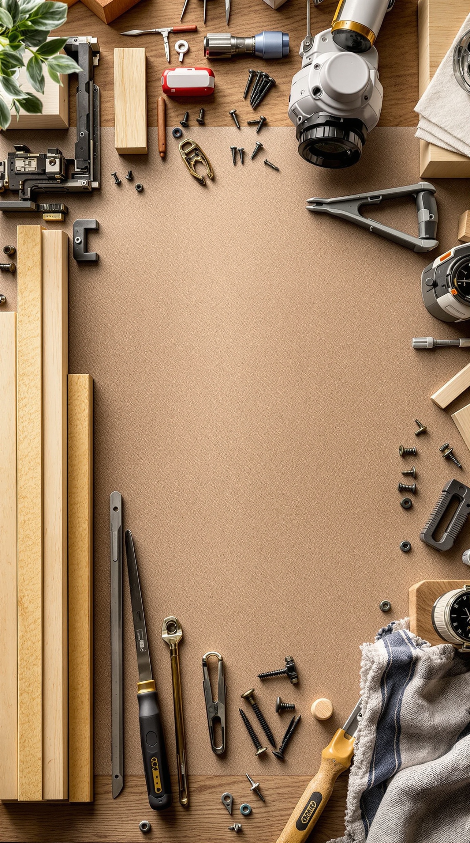 A layout of tools and materials for building a loft bed, including wooden planks, screws, and a drill.