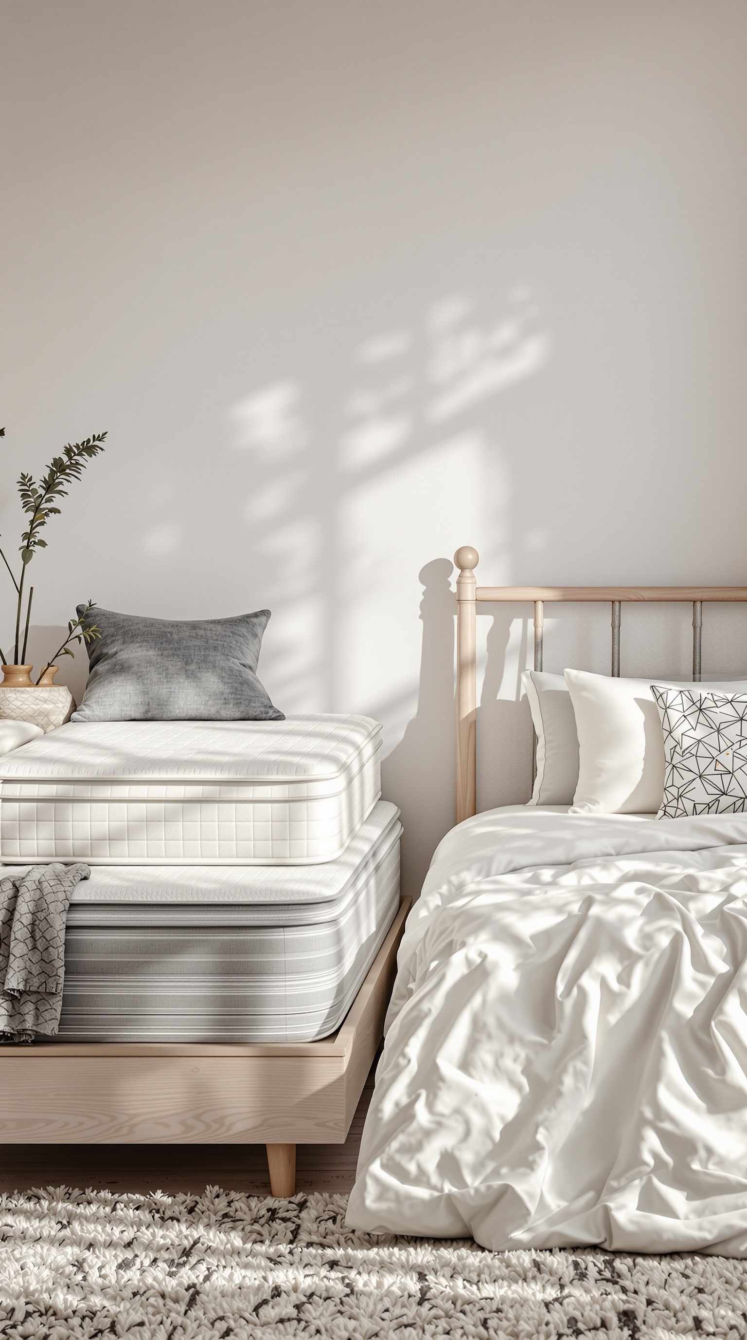 A cozy toddler bed setup featuring two mattresses, one stacked on top of the other, with decorative pillows and a soft blanket.