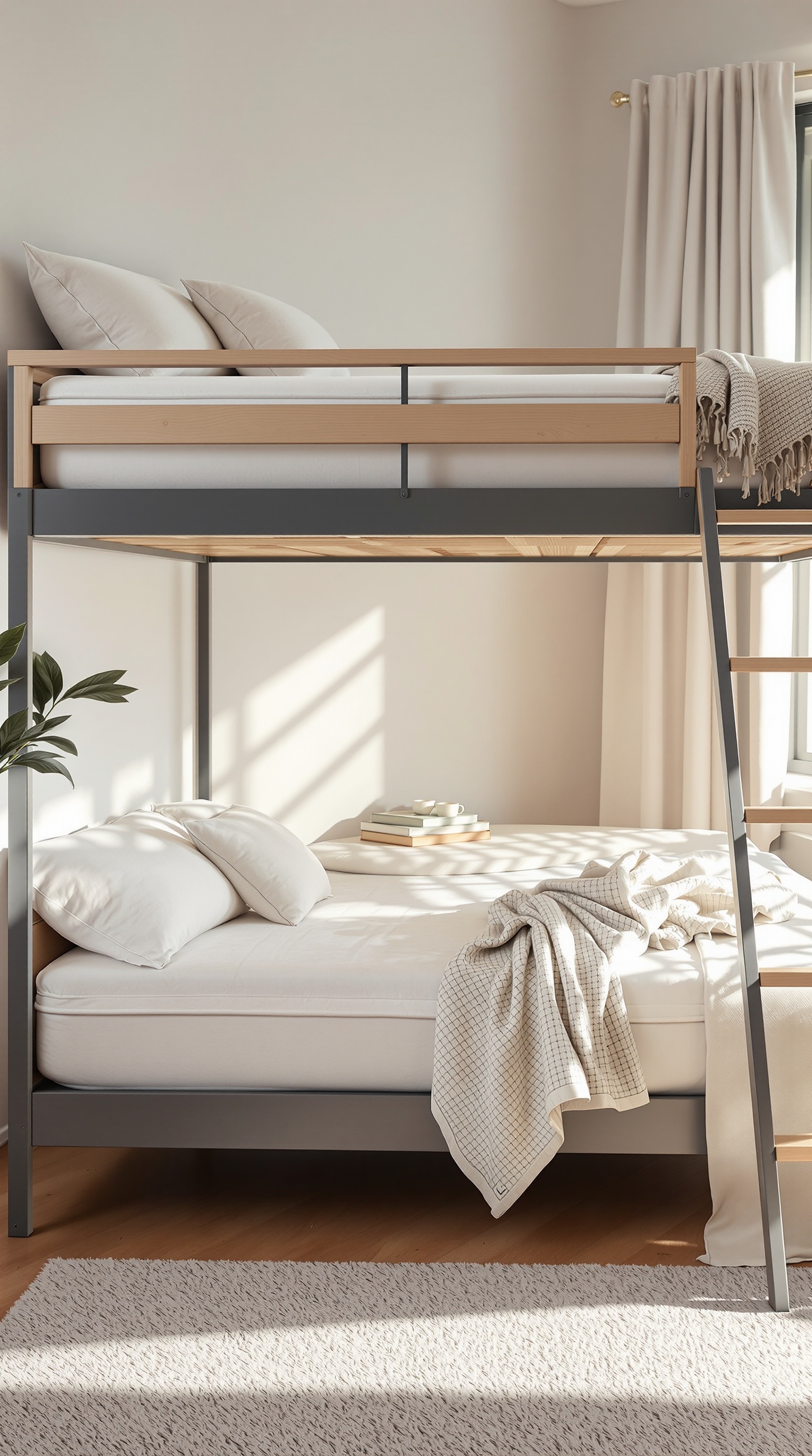 A stylish bunk bed with comfortable mattresses, showcasing a cozy and inviting bedroom setup.