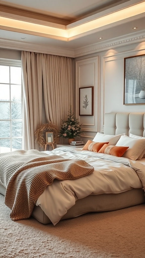 A cozy winter bedroom featuring a plush bed with soft blankets and decorative pillows, creating a warm and inviting atmosphere.