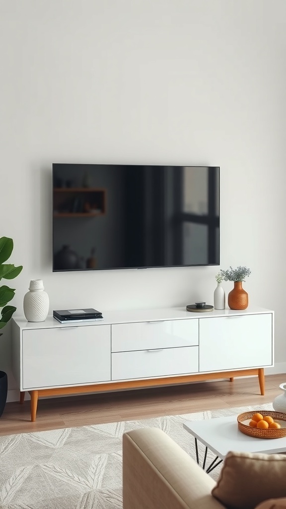 A modern living room media console with a TV mounted above it, featuring storage drawers and decorative items.