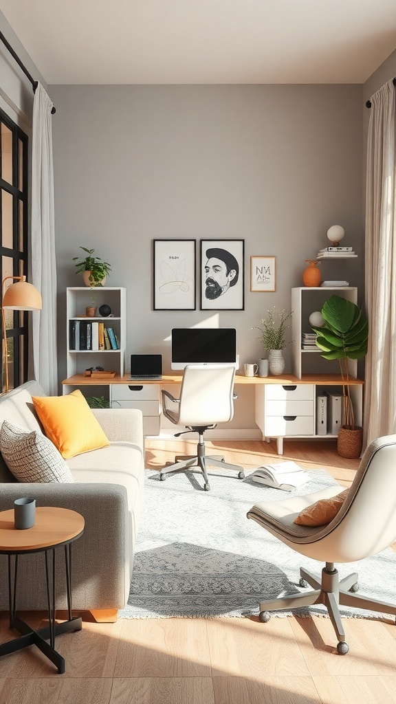A modern home office with a desk, comfortable chair, shelves, and decorative elements.
