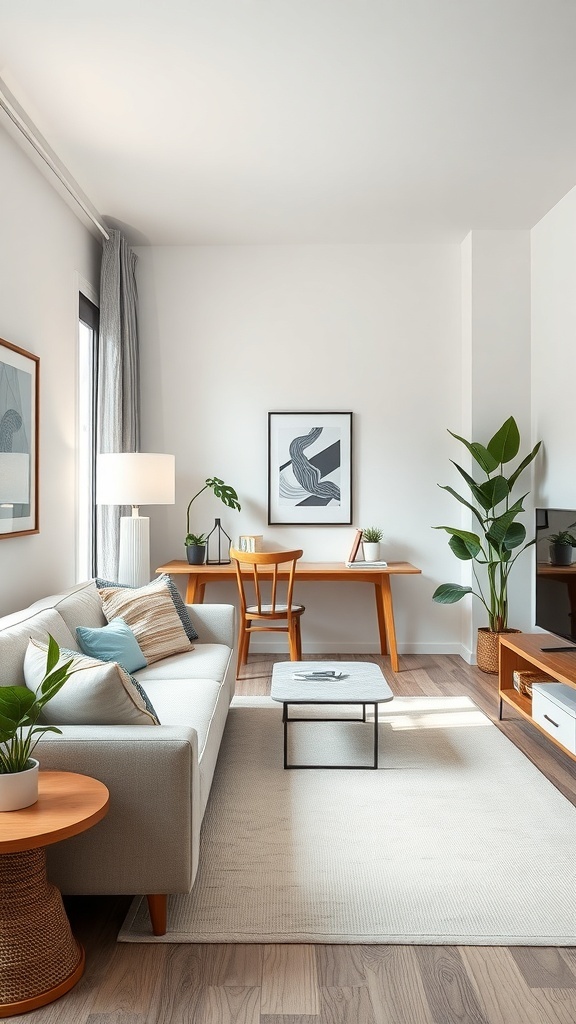 A small apartment living room with a sofa, coffee table, and desk, featuring plants and artwork.