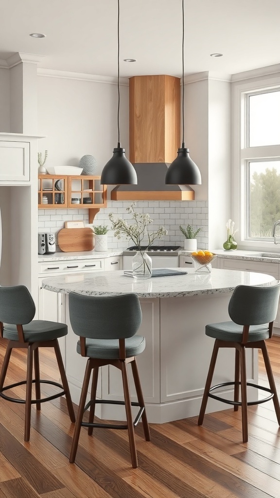 A modern kitchen island with four stylish bar stools, featuring a granite countertop and pendant lighting.