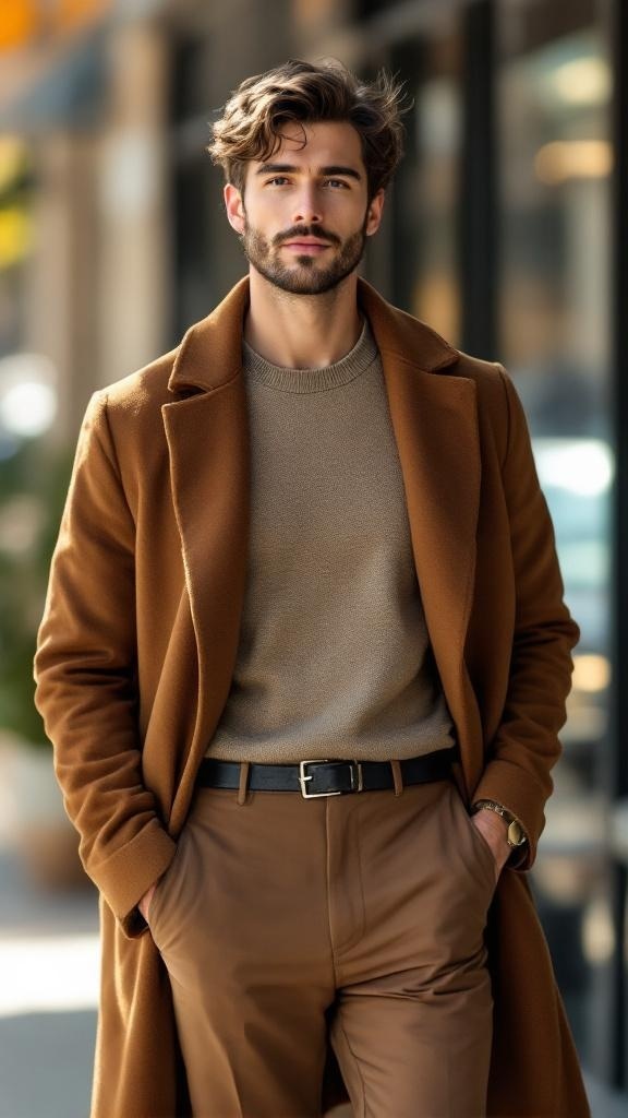 A man in a stylish brown coat and matching trousers, showcasing the versatility of brown suits.