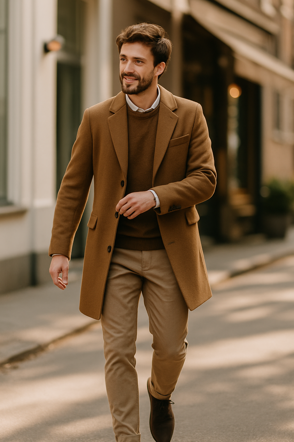 A stylish man walking in a brown coat and brown shoes, showcasing a fashionable outfit.