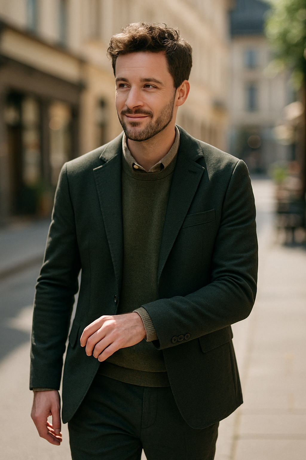 A man in a dark green suit walking on a street.