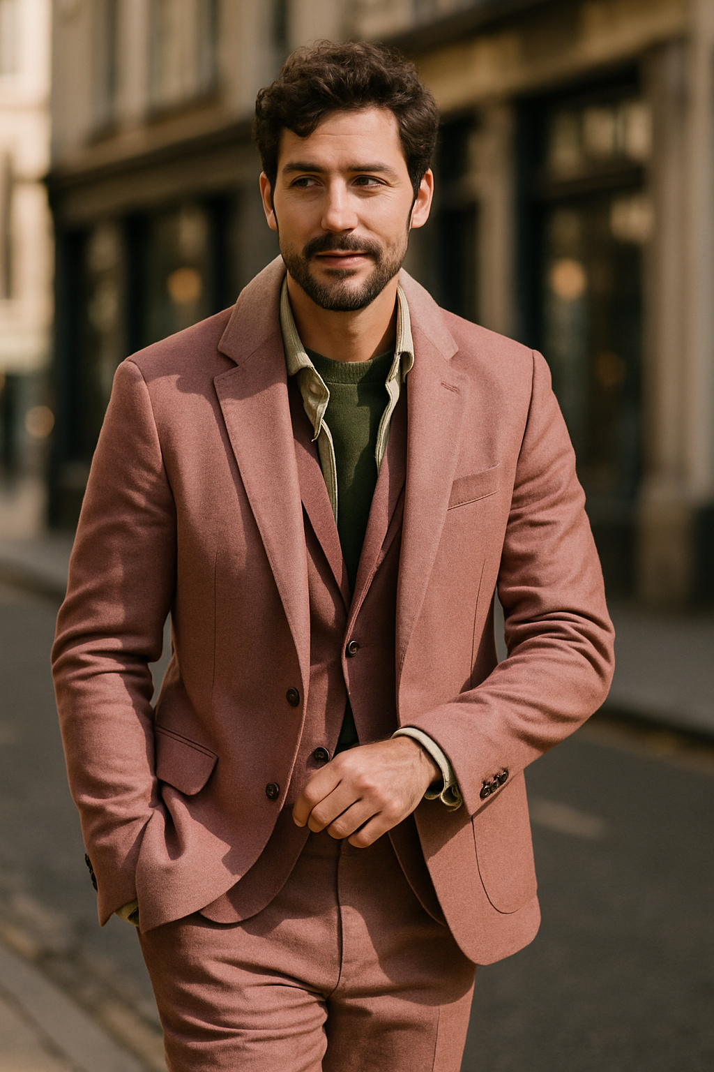 A man in a soft pink suit walking confidently on the street.