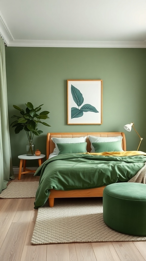 A green bedroom featuring a bed with green bedding, a plant, and a piece of leaf art on the wall.
