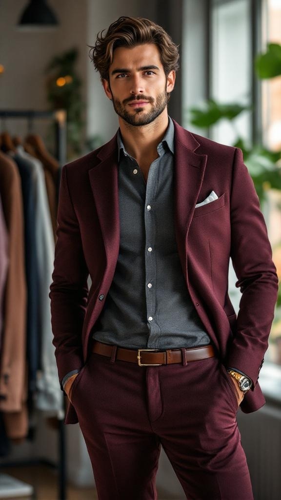 A man wearing a maroon suit with a dark gray shirt, showcasing a stylish outfit choice.