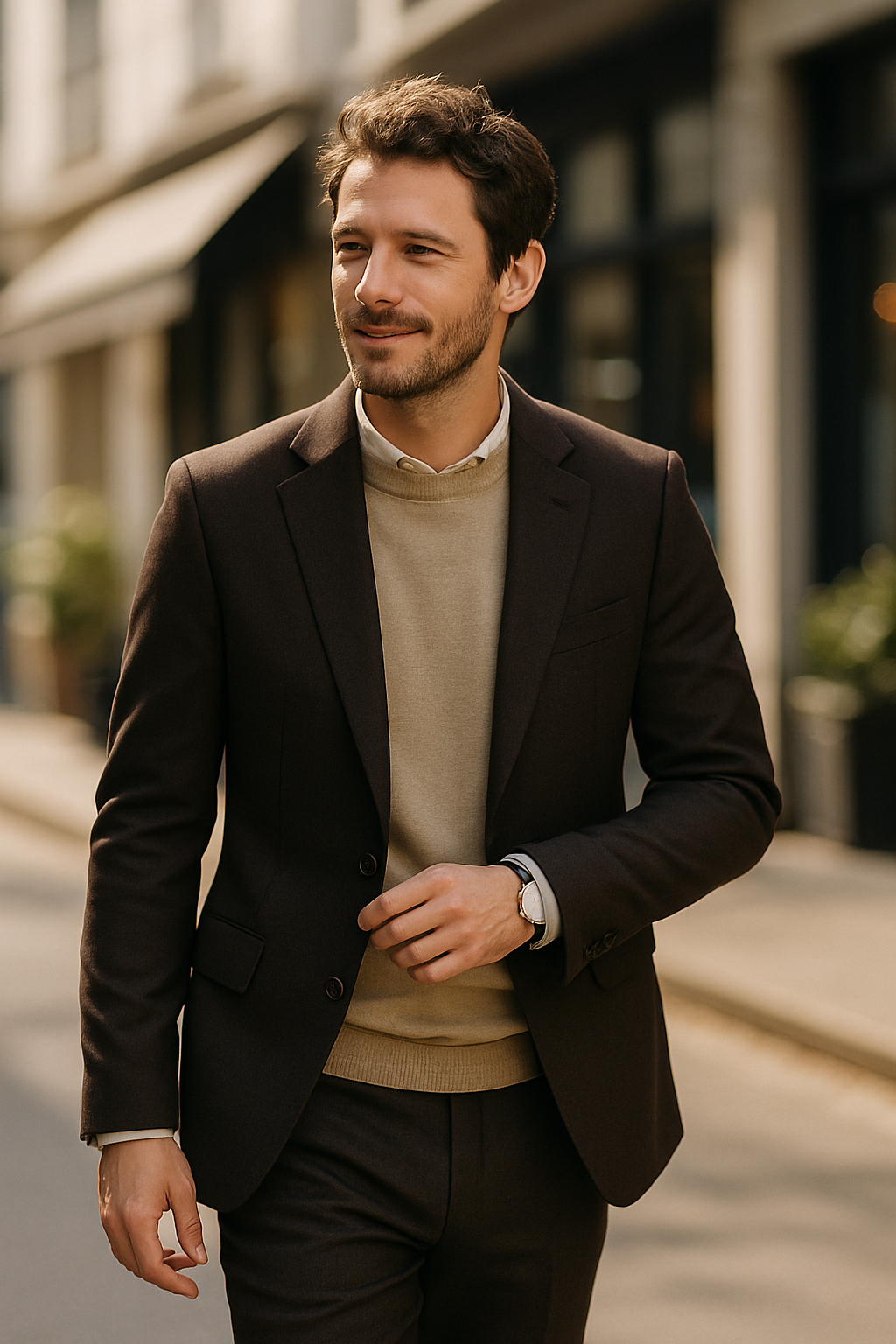 A man in a dark brown suit with a light-colored shirt and sweater, walking confidently.