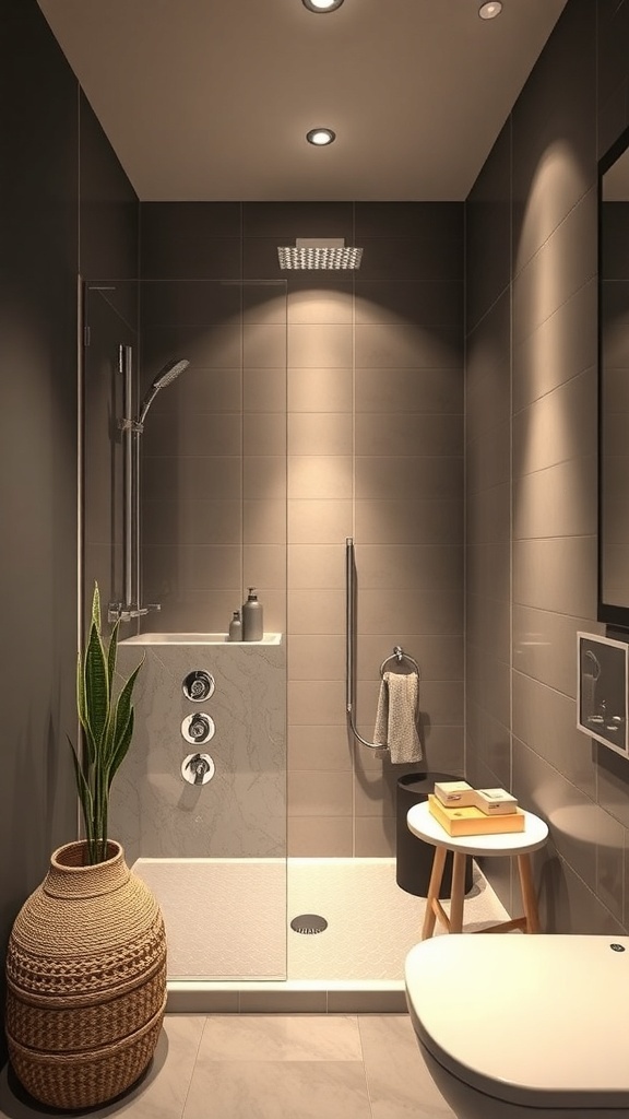 Small bathroom with a modern shower design featuring a glass enclosure, sleek fixtures, and a plant.