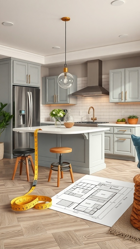 A modern kitchen featuring a small kitchen island with a tape measure and floor plan.